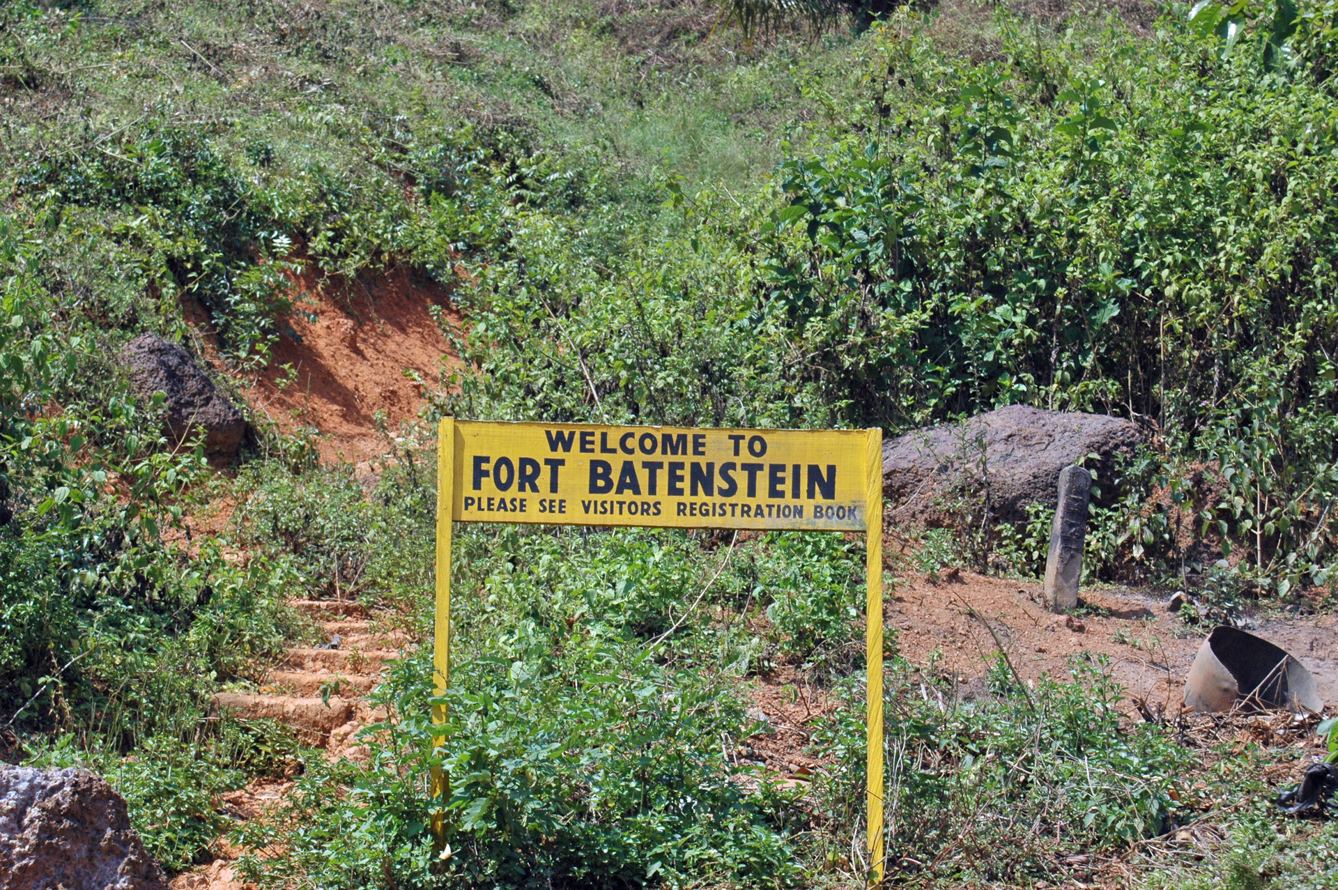 Entrance signboard, Dutch Fort Batenstein at Butre, Western region, Ghana